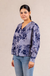 Blue & white striped floral print blouse