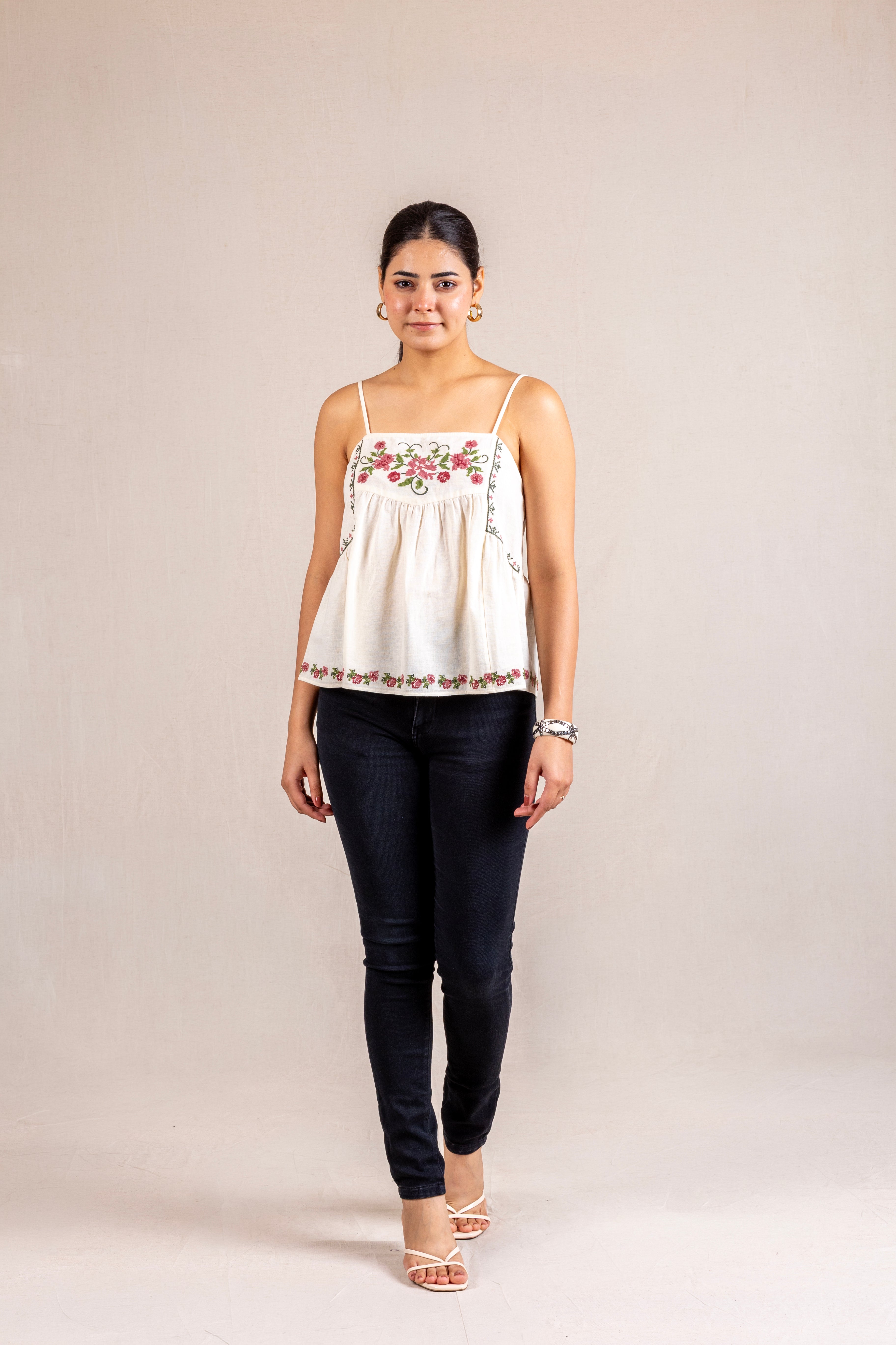Cream floral embroidered cami