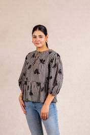 Gingham floral peplum blouse with ties