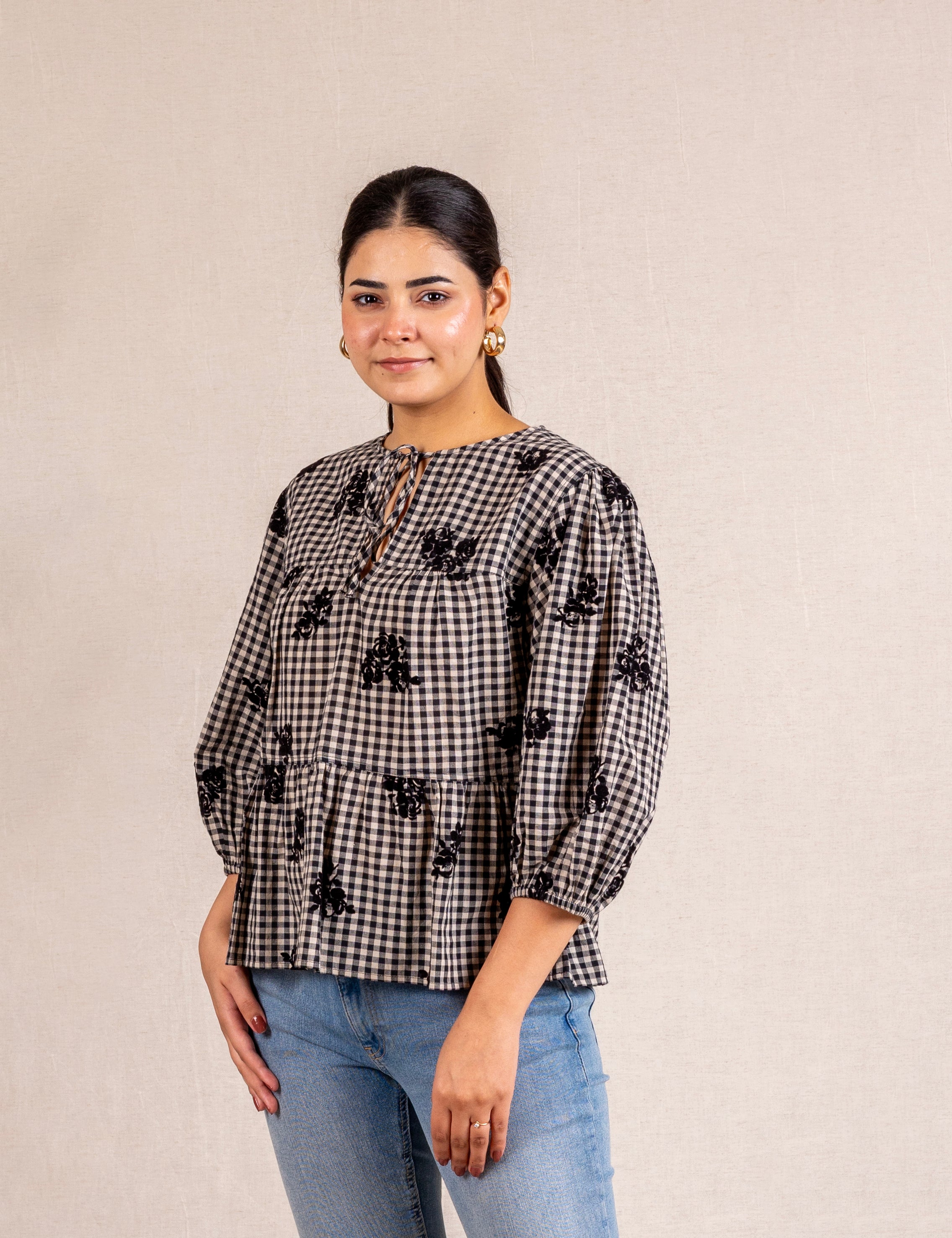 Gingham floral peplum blouse with ties