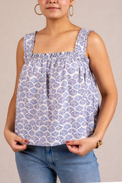 Blue seashell print ruffle top